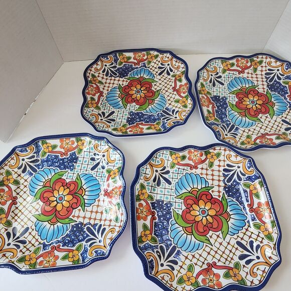 IL Mulino Spanish Tile 4 Salad and 1 Dinner Plates Blue MELAMINE Square Floral - Picture 2 of 11
